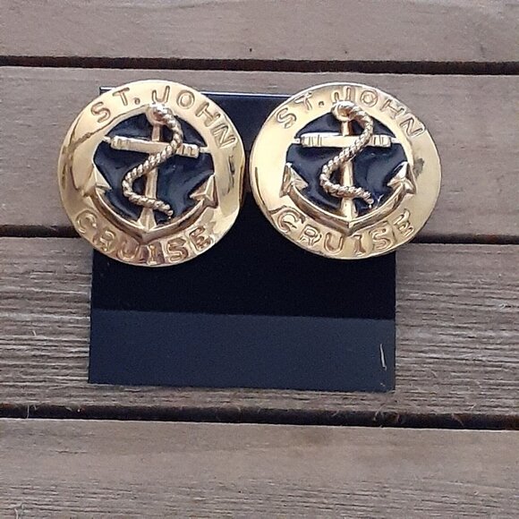 VTG St John Earrings Cruise Nautical Anchor Spell Out Clip On Black Enamel Gold - Picture 4 of 4